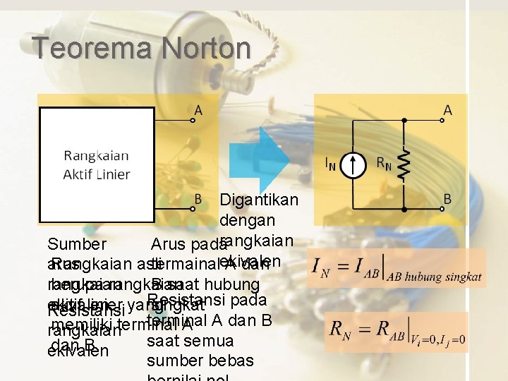 Teorema Norton Digantikan dengan rangkaian Sumber Arus pada Rangkaian asli arus termainalekivalen A dan