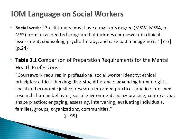 IOM Language on Social Workers Social work: “Practitioners must have a master’s degree (MSW,