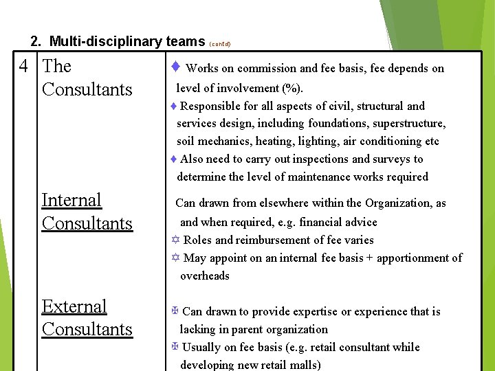 2. Multi-disciplinary teams (cont’d) 4 The Consultants ♦ Works on commission and fee basis,