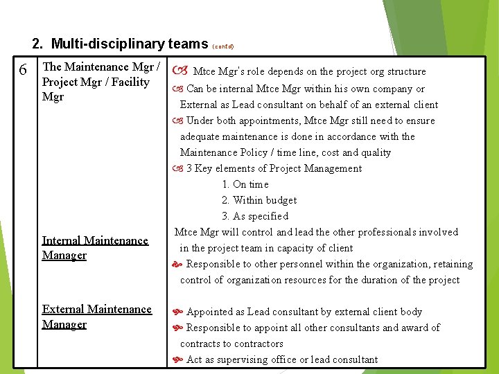 2. Multi-disciplinary teams (cont’d) 6 The Maintenance Mgr / Mtce Mgr’s role depends on