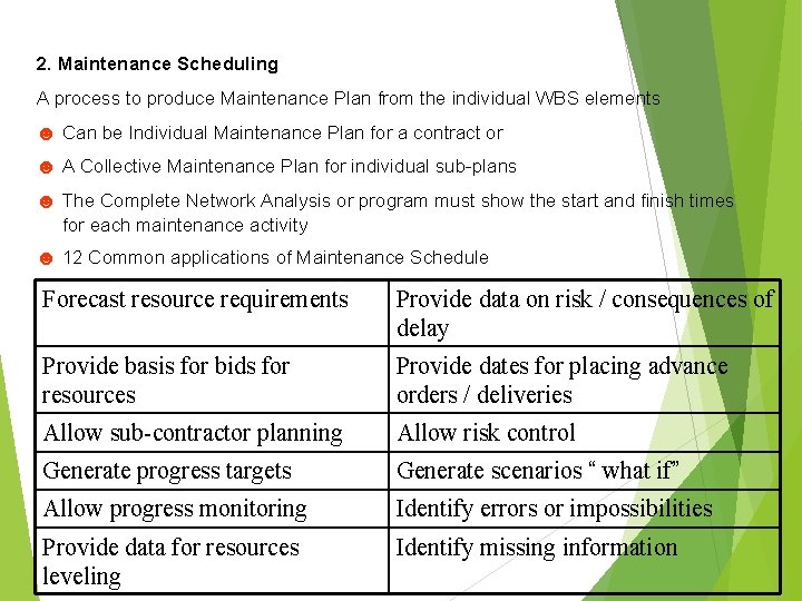 2. Maintenance Scheduling A process to produce Maintenance Plan from the individual WBS elements