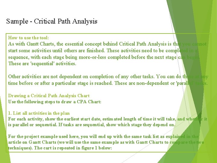 Sample - Critical Path Analysis How to use the tool: As with Gantt Charts,