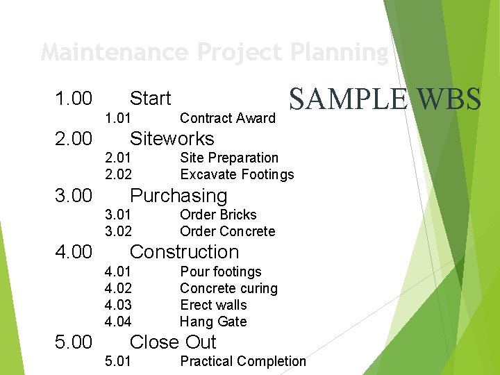 Maintenance Project Planning 1. 00 Start 1. 01 2. 00 Siteworks 2. 01 2.