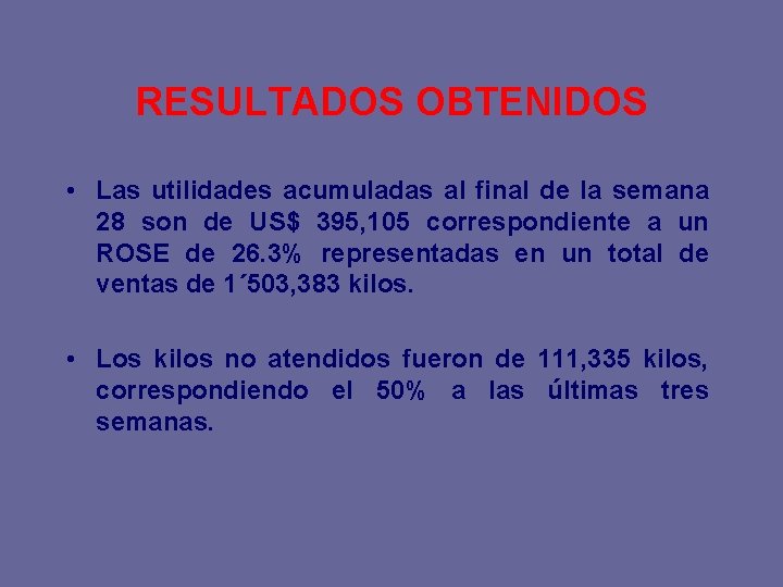 RESULTADOS OBTENIDOS • Las utilidades acumuladas al final de la semana 28 son de