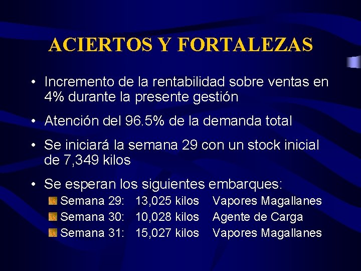 ACIERTOS Y FORTALEZAS • Incremento de la rentabilidad sobre ventas en 4% durante la