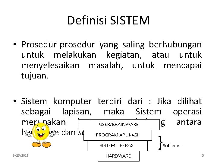 Definisi SISTEM • Prosedur-prosedur yang saling berhubungan untuk melakukan kegiatan, atau untuk menyelesaikan masalah,