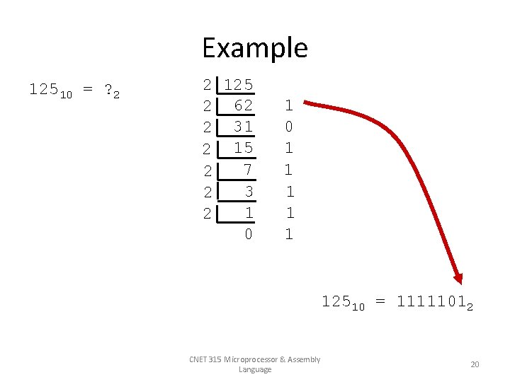 Example 12510 = ? 2 2 125 2 62 2 31 2 15 7