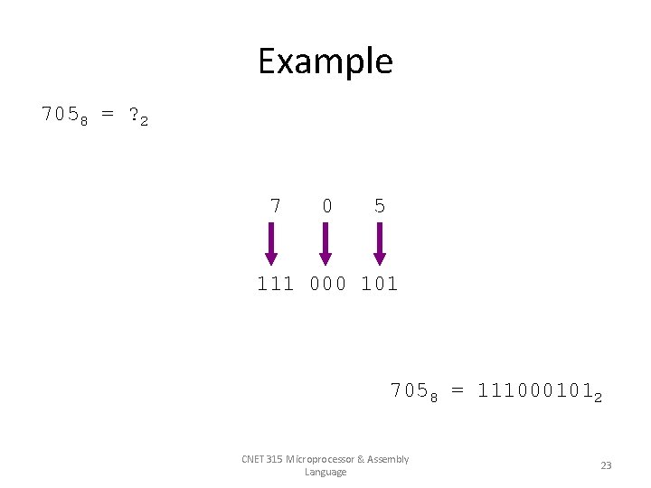 Example 7058 = ? 2 7 0 5 111 000 101 7058 = 1110001012