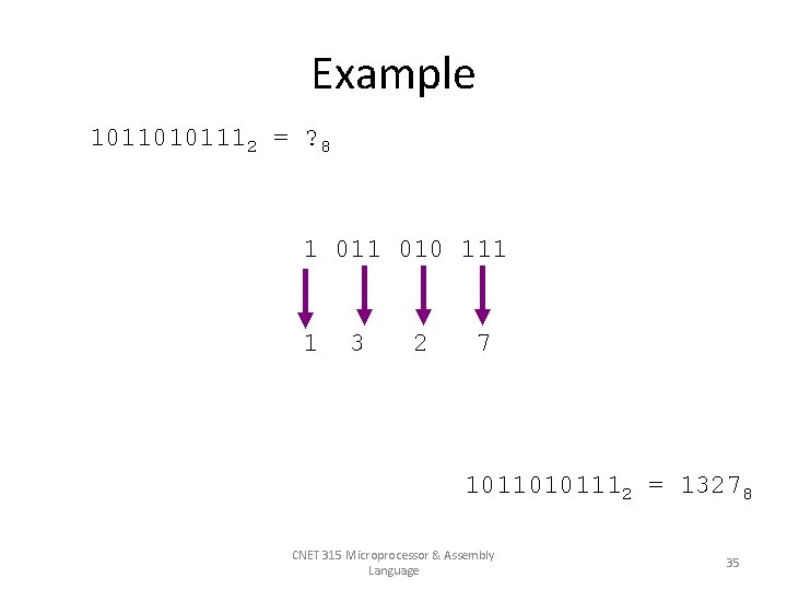 Example 10110101112 = ? 8 1 010 111 1 3 2 7 10110101112 =