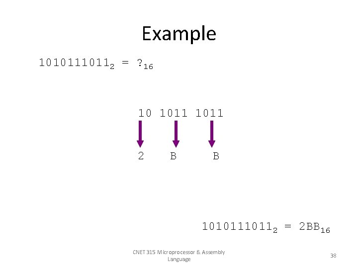 Example 1010112 = ? 16 10 1011 2 B B 1010112 = 2 BB