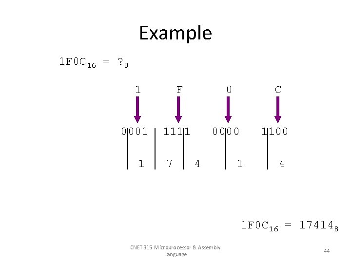 Example 1 F 0 C 16 = ? 8 1 0001 1 F 0