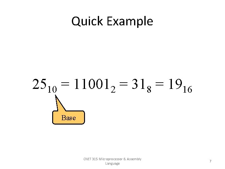 Quick Example 2510 = 110012 = 318 = 1916 Base CNET 315 Microprocessor &