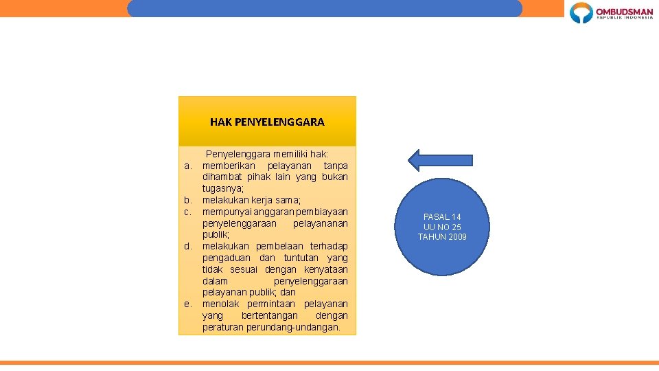 HAK PENYELENGGARA a. b. c. d. e. Penyelenggara memiliki hak: memberikan pelayanan tanpa dihambat