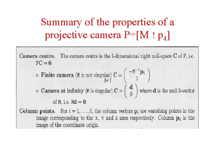 Summary of the properties of a projective camera P=[M ! p 4] 