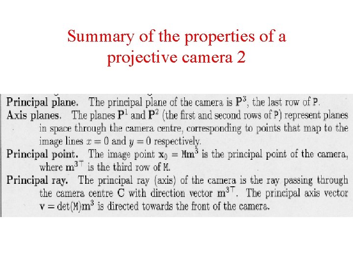 Summary of the properties of a projective camera 2 