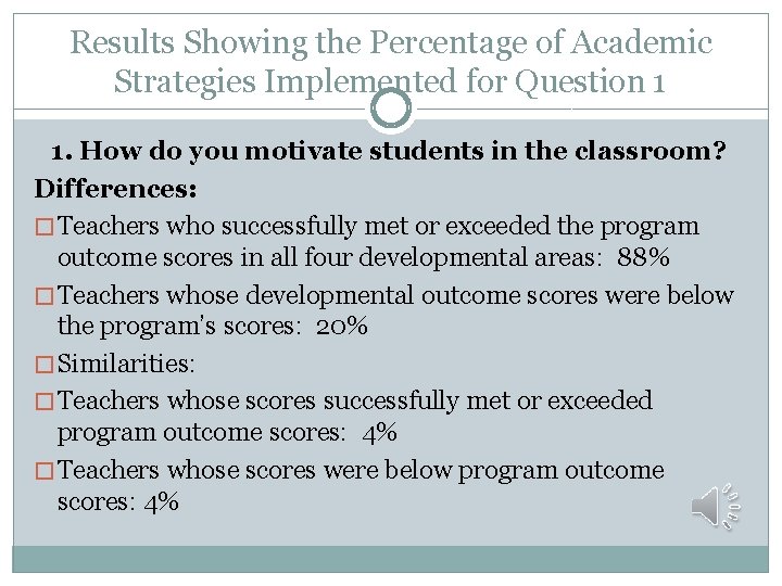 Results Showing the Percentage of Academic Strategies Implemented for Question 1 1. How do