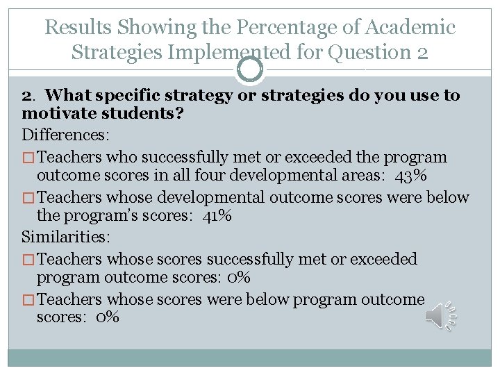 Results Showing the Percentage of Academic Strategies Implemented for Question 2 2. What specific