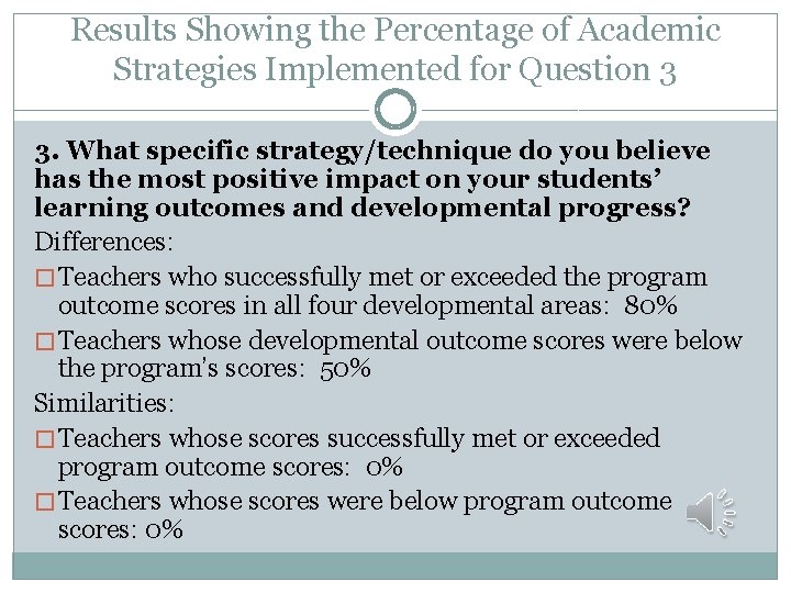 Results Showing the Percentage of Academic Strategies Implemented for Question 3 3. What specific