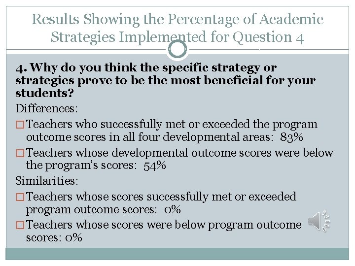 Results Showing the Percentage of Academic Strategies Implemented for Question 4 4. Why do