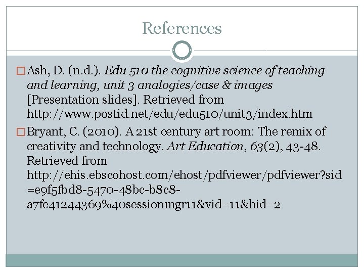 References � Ash, D. (n. d. ). Edu 510 the cognitive science of teaching