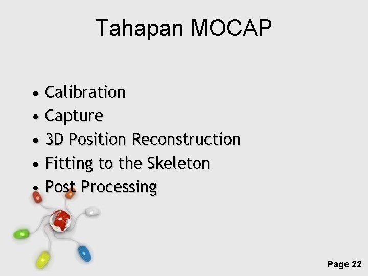 Tahapan MOCAP • Calibration • Capture • 3 D Position Reconstruction • Fitting to