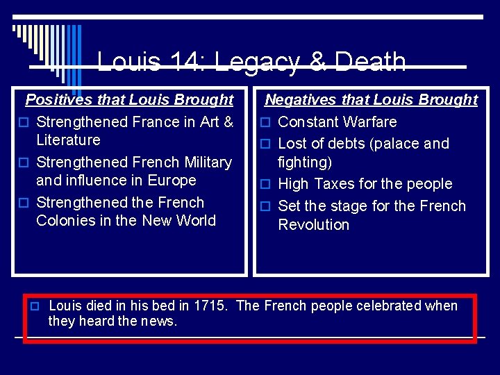 Louis 14: Legacy & Death Positives that Louis Brought o Strengthened France in Art