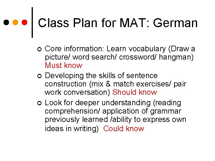 Class Plan for MAT: German ¢ ¢ ¢ Core information: Learn vocabulary (Draw a