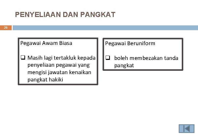 PENYELIAAN DAN PANGKAT 26 Pegawai Awam Biasa Pegawai Beruniform q Masih lagi tertakluk kepada