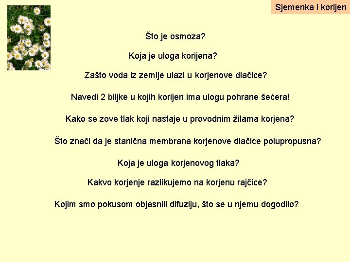 Sjemenka i korijen Što je osmoza? Koja je uloga korijena? Zašto voda iz zemlje