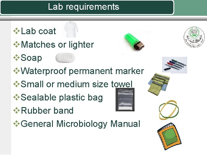 Lab requirements v. Lab coat v. Matches or lighter v. Soap v. Waterproof permanent