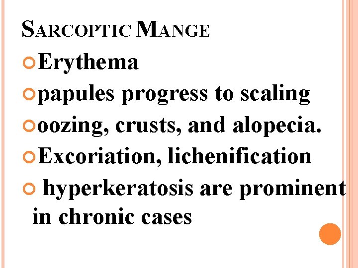 SARCOPTIC MANGE Erythema papules progress to scaling oozing, crusts, and alopecia. Excoriation, lichenification hyperkeratosis
