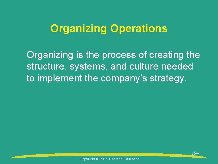 Organizing Operations Organizing is the process of creating the structure, systems, and culture needed