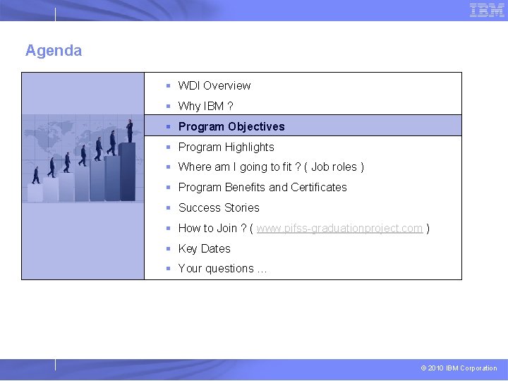 Agenda § WDI Overview § Why IBM ? § Program Objectives § Program Highlights
