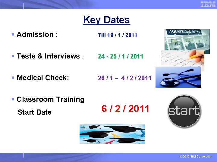 Key Dates § Admission : Till 19 / 1 / 2011 § Tests &