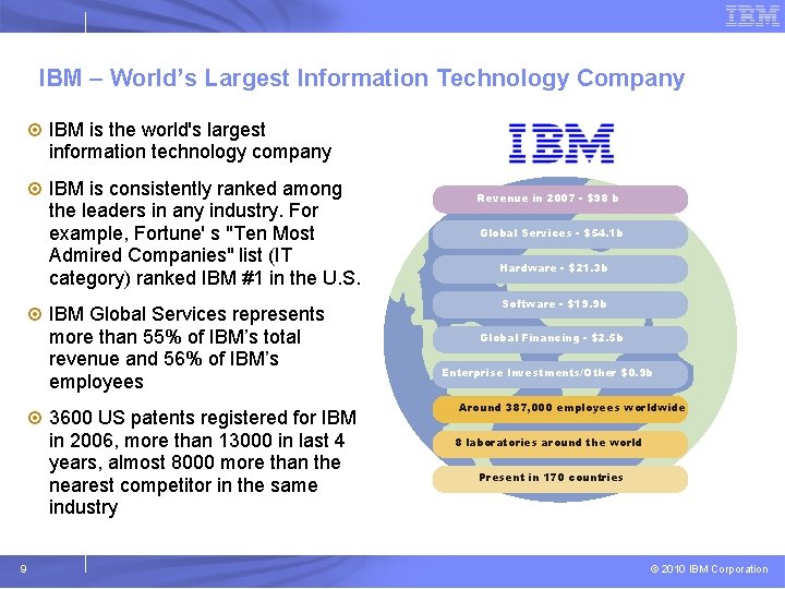 IBM – World’s Largest Information Technology Company ¤ IBM is the world's largest information