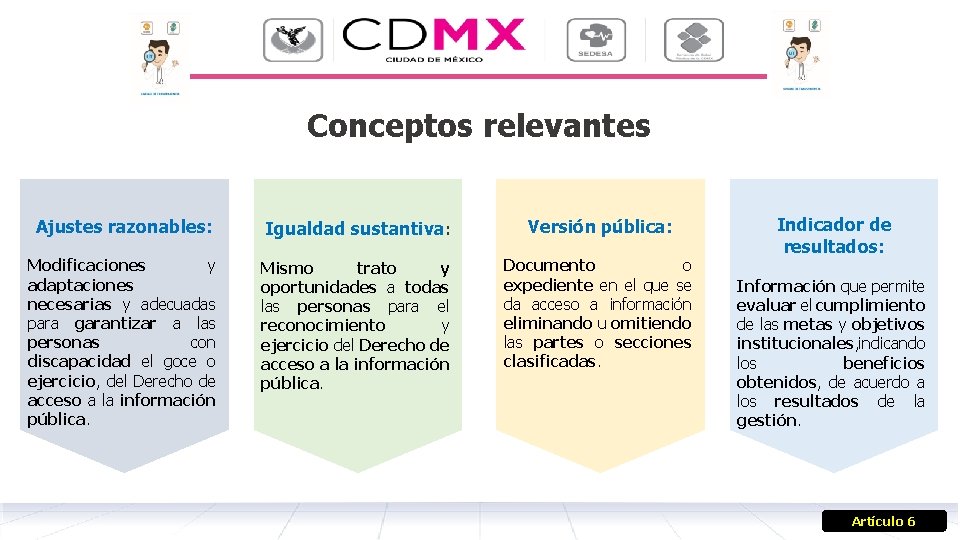 Conceptos relevantes Ajustes razonables: Igualdad sustantiva: Versión pública: Modificaciones y adaptaciones necesarias y adecuadas