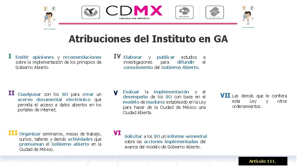 Atribuciones del Instituto en GA I Emitir opiniones y recomendaciones sobre la implementación de