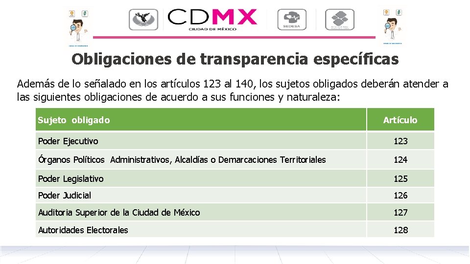 Obligaciones de transparencia específicas Además de lo señalado en los artículos 123 al 140,