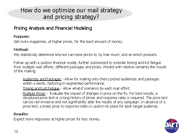 How do we optimize our mail strategy and pricing strategy? Pricing Analysis and Financial