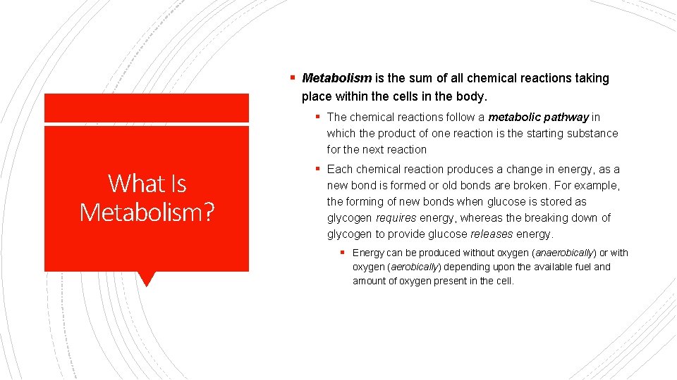 § Metabolism is the sum of all chemical reactions taking place within the cells