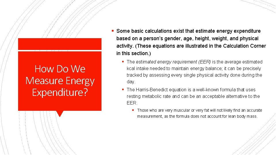 § Some basic calculations exist that estimate energy expenditure based on a person’s gender,
