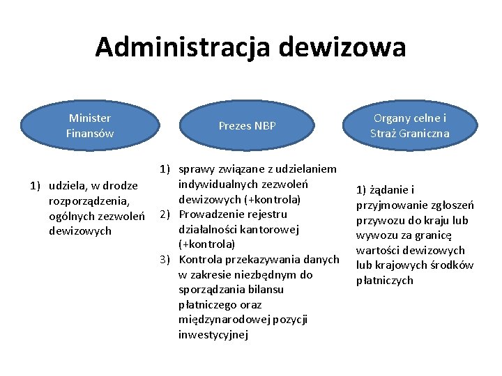 Administracja dewizowa Minister Finansów Prezes NBP 1) sprawy związane z udzielaniem indywidualnych zezwoleń 1)