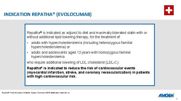 INDICATION REPATHA® (EVOLOCUMAB) Repatha® is indicated as adjunct to diet and maximally tolerated statin