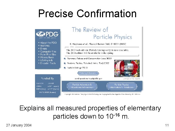 Precise Confirmation Explains all measured properties of elementary particles down to 10 -16 m.