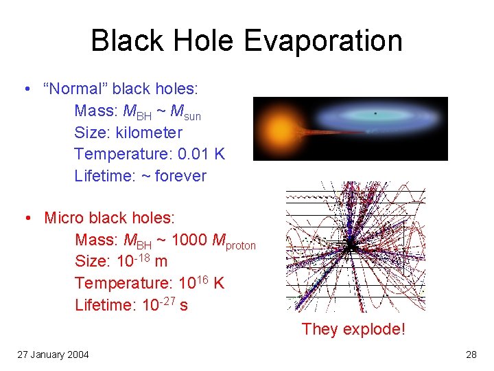 Black Hole Evaporation • “Normal” black holes: Mass: MBH ~ Msun Size: kilometer Temperature: