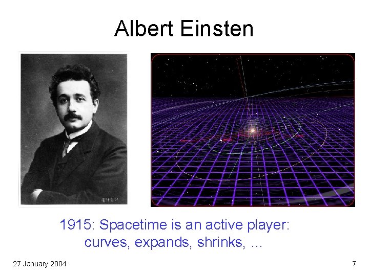 Albert Einsten 1915: Spacetime is an active player: curves, expands, shrinks, … 27 January