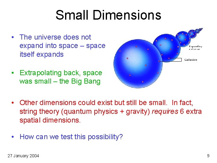 Small Dimensions • The universe does not expand into space – space itself expands
