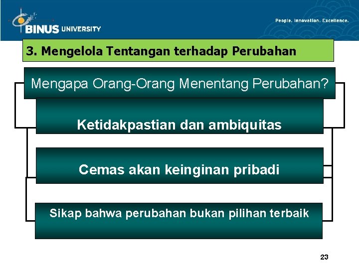 3. Mengelola Tentangan terhadap Perubahan Mengapa Orang-Orang Menentang Perubahan? Ketidakpastian dan ambiquitas Cemas akan