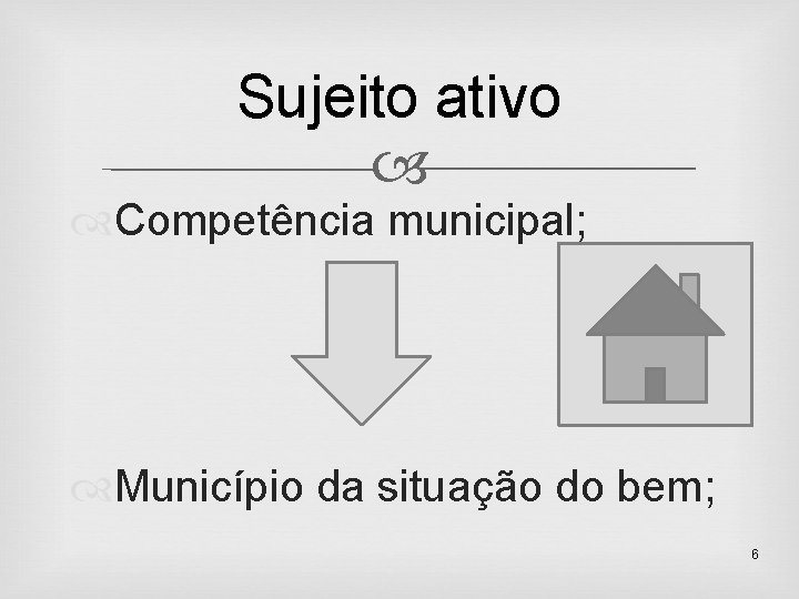 Sujeito ativo Competência municipal; Município da situação do bem; 6 