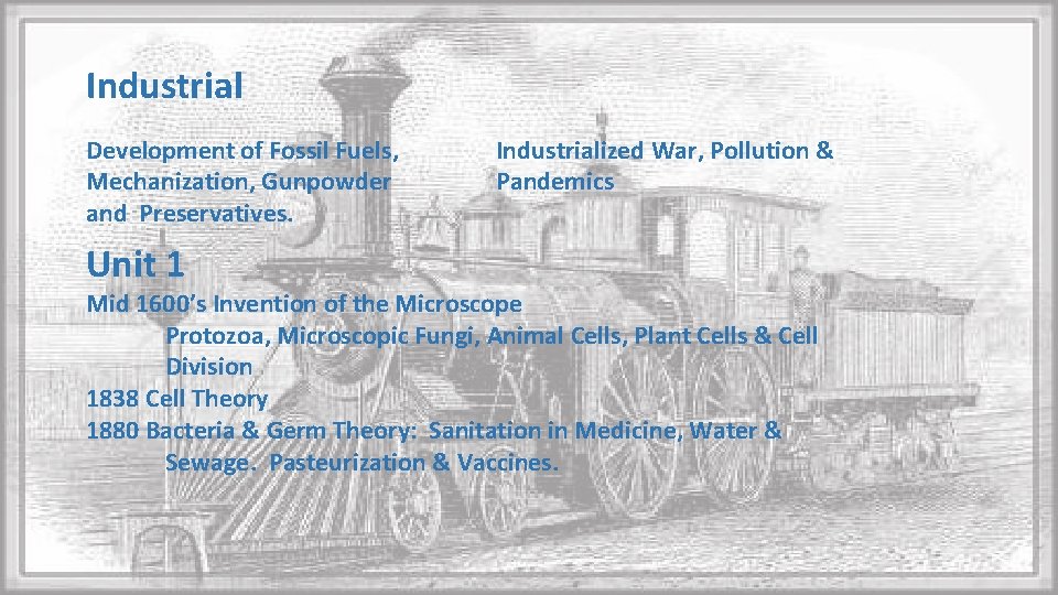 Industrial Development of Fossil Fuels, Mechanization, Gunpowder and Preservatives. Unit 1 Industrialized War, Pollution